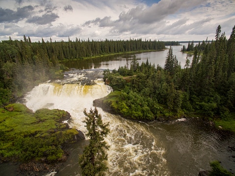 An aerial view of Grass River in Manitoba's Pisew Falls Provincial Park. 